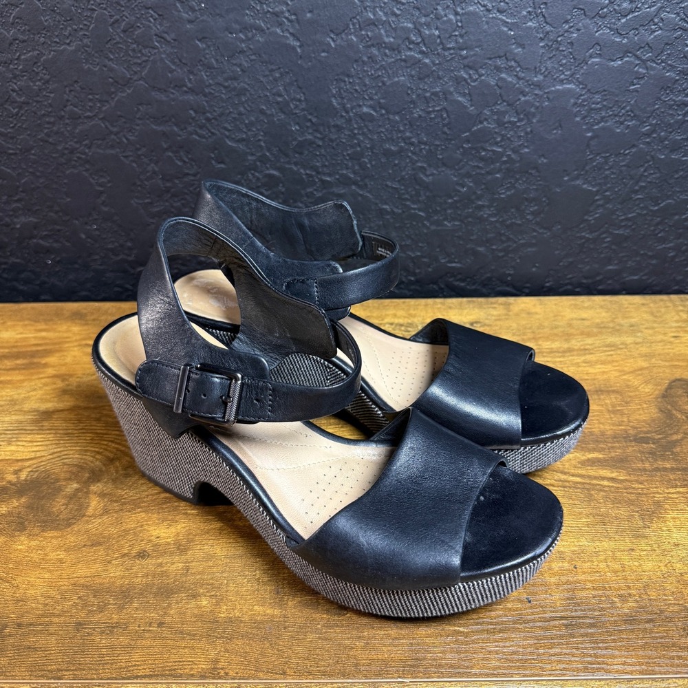 Clarks Jillian Jewel 261401134055‎ Black Leather Platform Sandals Womens Size 8